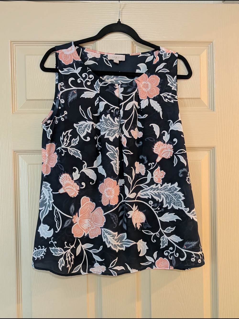LOFT Navy Floral Pleat-Front Blouse with Peach Accents